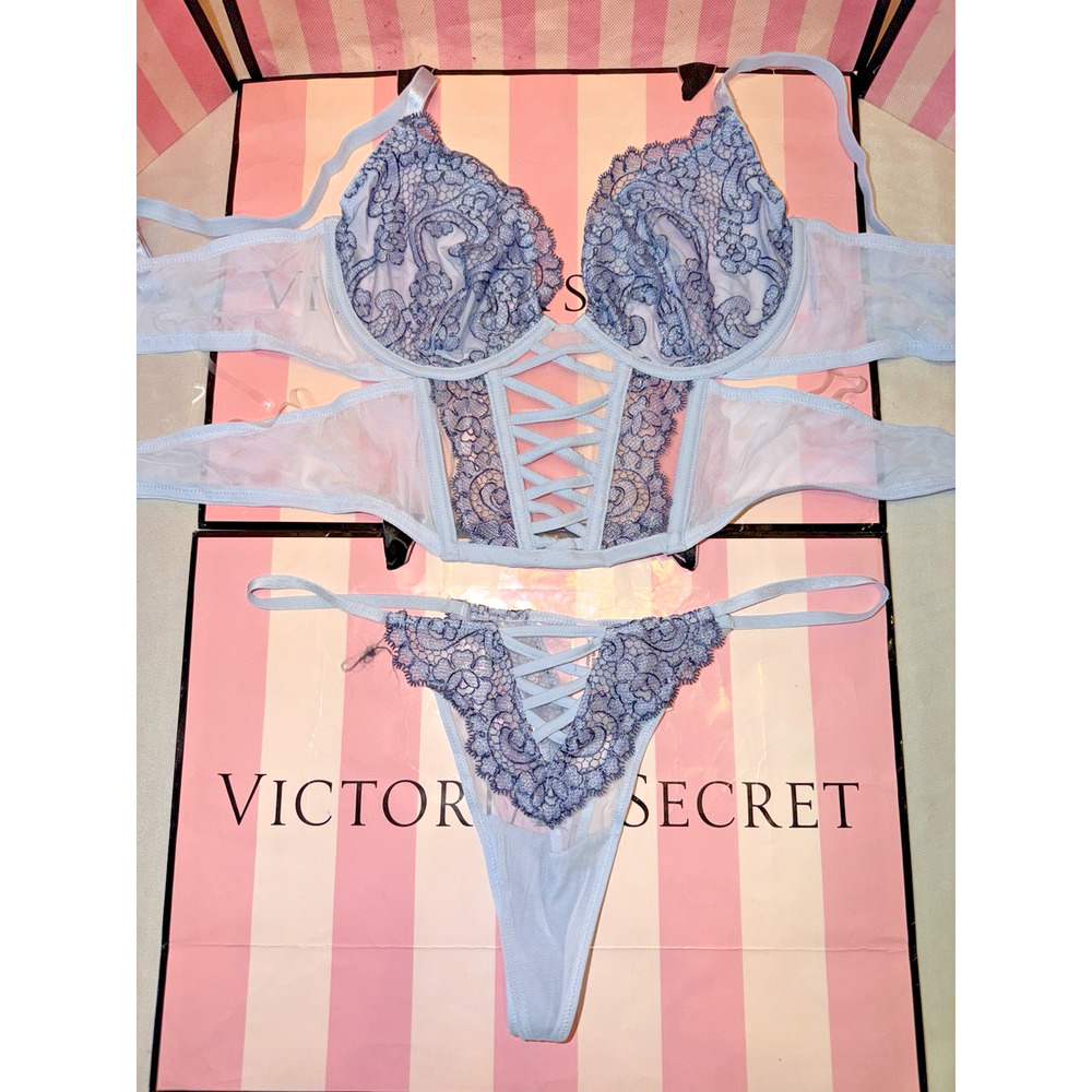 Victorias Secret Bra Top Corset Clubbing Top & Thong Blue Paisley Large